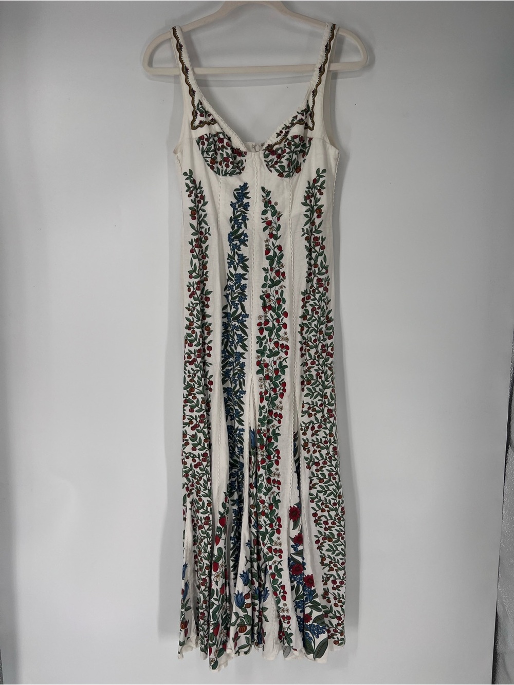 Farm Rio White Tiered Berry Print Sweetheart Linen Blend Bohemian Midi Dress M